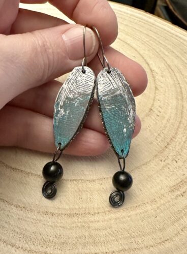 Elegant Grunge leaf earrings in teal and silver by Denise Fitzsimmons