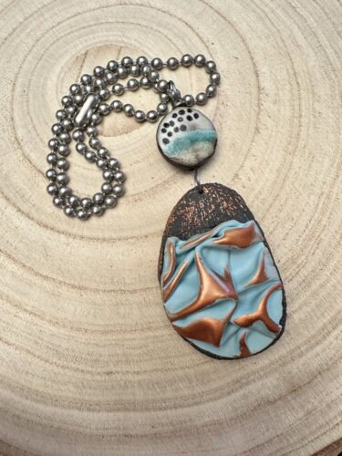 Elegant Grunge pendant in copper and blue by Denise Fitzsimmons